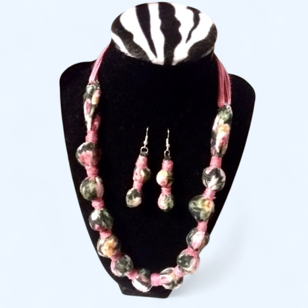 Pink Bohemian Beaded Necklace and Earrings